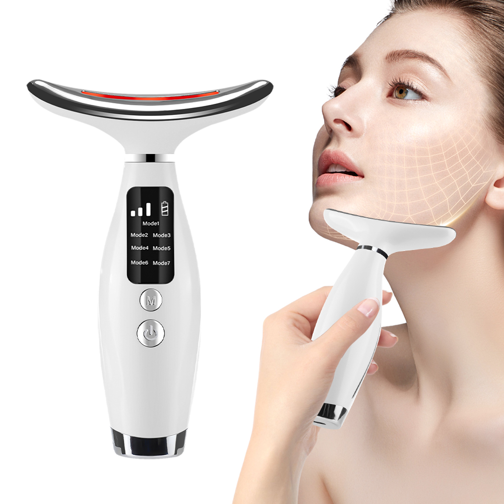 Photon Light Therapy Device Skin - ネックフェイスリフティングマッサージャー 7 色ライト LED 光子療法肌引き締めしわ除去加熱振動マッサージ美容装置
